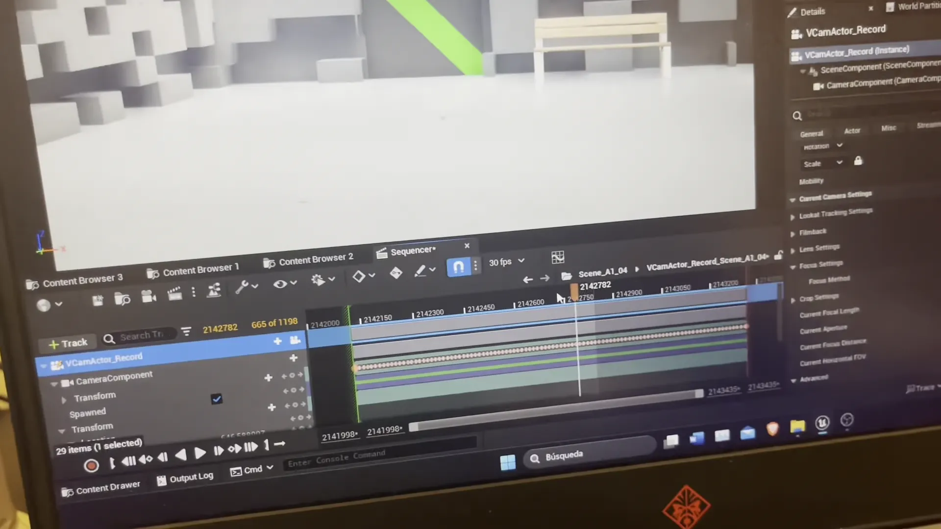 Captura del sequencer de Unreal Engine donde se ven todos los keyframes de la cámara